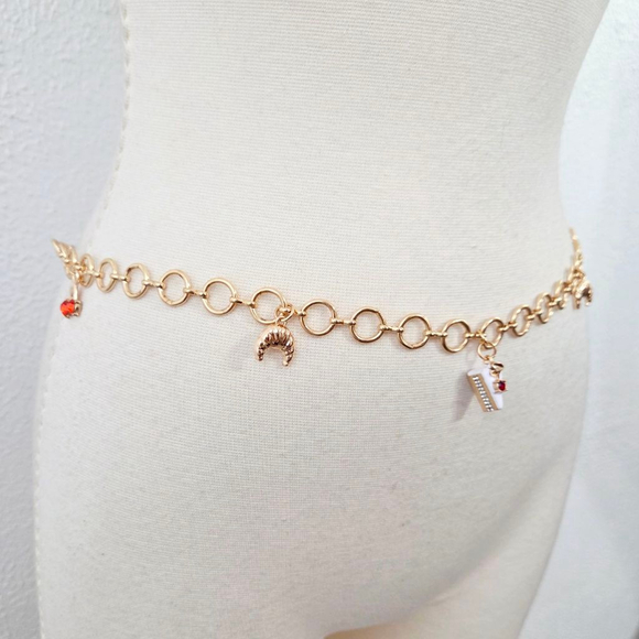 Haute Hippie charm belt gold chain cake cherry desserts french croissant L / XL